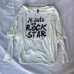 White Graphic Long Sleeve Top with Draped Cowl Neck